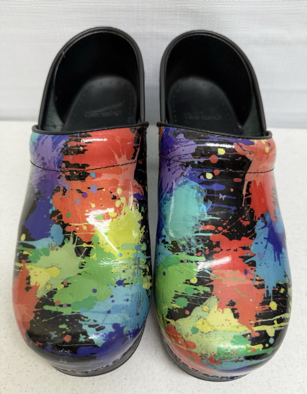 DANSKO Paint Splatter Patent Leather Professional Stapled Clogs Shoes Sz 39/9
